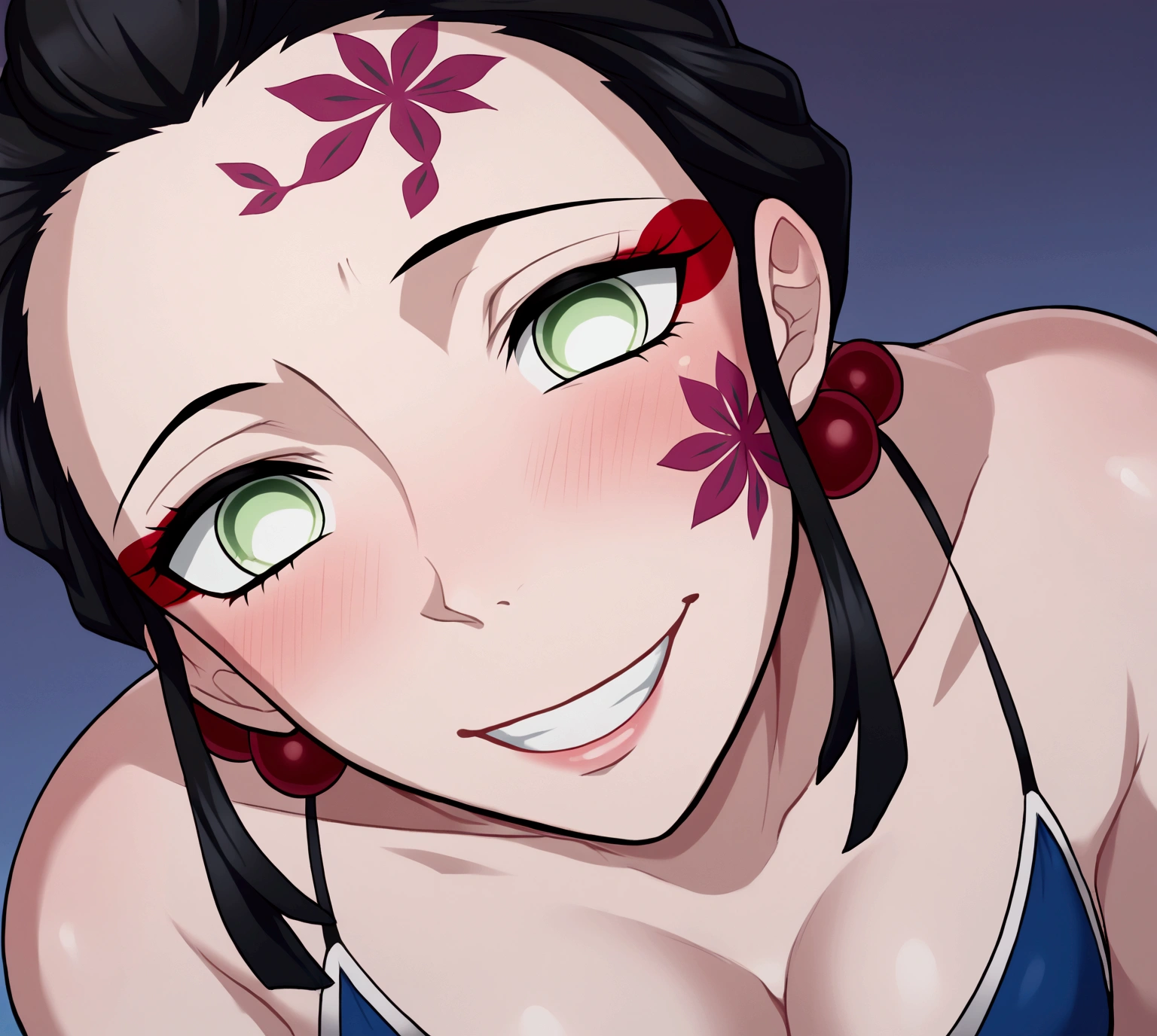 

The drawing style should resemble that of Illuxxtrandy, with exaggerated and caricatured details, bold and expressive lines, and strong to outline the characters. The character, Inspired by the universe of Kimetsu no Yaiba/Demon Slayer, must have short black hair with a blue gradient, large, expressive eyes, blue and bright, a subtle and fun smile, and a straight and elegant posture. The character is an oni hunter, wearing a tight black skirt. The angle must be frontal, highlighting a thin chin. The background should be simple so as not to distract from the main figure., maintaining a vibrant, expressive appearance with exaggerated features, greeneyes, 