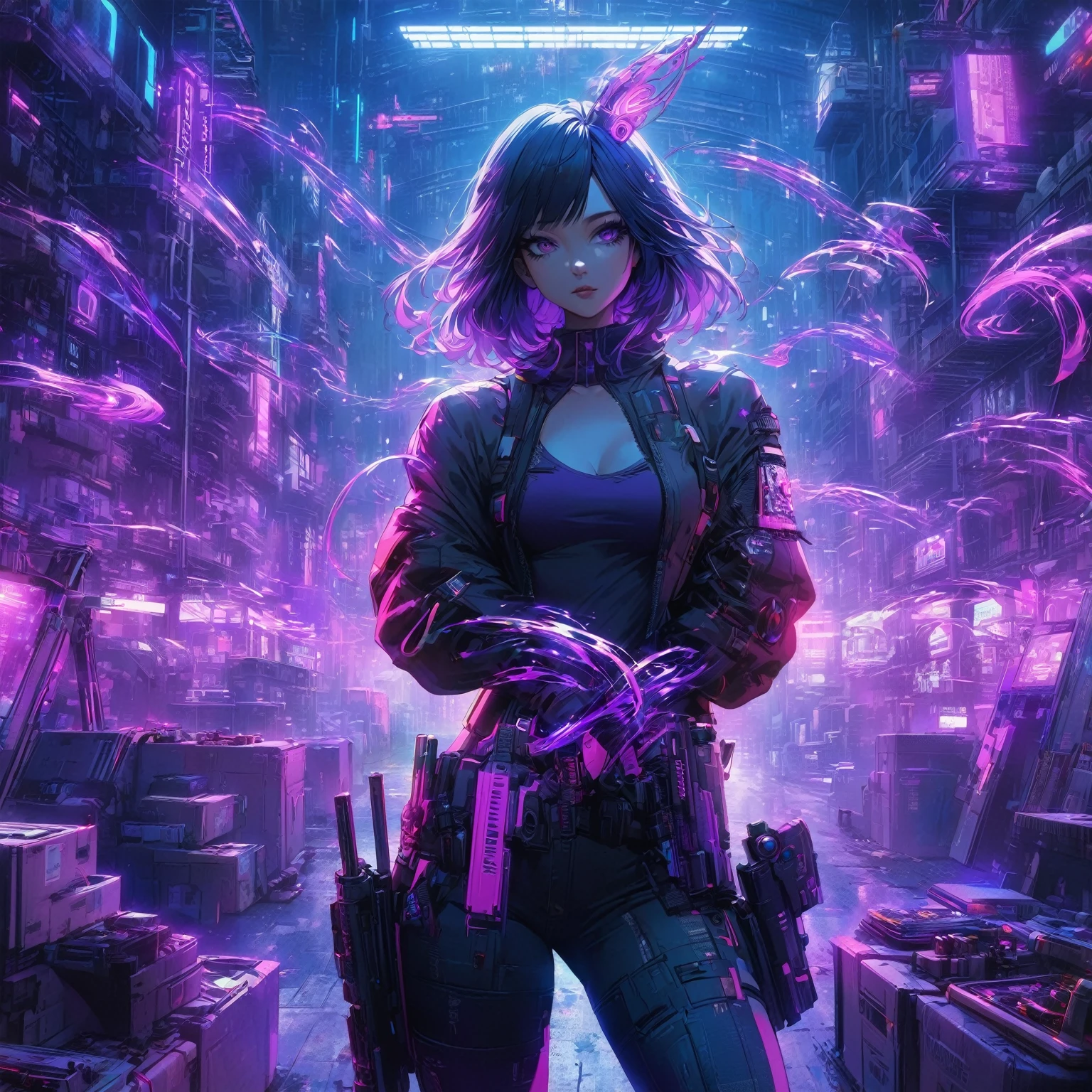 a woman standing in a warehouse with guns and a purple light, purple shadows hollow surrounding her , weapons that are made out of purple shadow swirling in the air, more weapons made out of black and purple shadows are floating around her, cyberpunk vibes, muted cyberpunk style, cyberpunk art style, hyper-realistic cyberpunk style, cyberpunk vibe, in cyberpunk style, cyberpunk with neon lighting, aesthetic cyberpunk, like a cyberpunk workshop, cyberpunk style, in cyberpunk aesthetic, in a cyberpunk setting, cyberpunk artstyle, cyberpunk look, (nude:0.8), advanced digital cyberpunk art, detailed gorgeous face| anime style| key visual| intricate detail| highly detailed| breathtaking| vibrant| panoramic| cinematic| Carne Griffiths| Conrad Roset| gibbli 8k