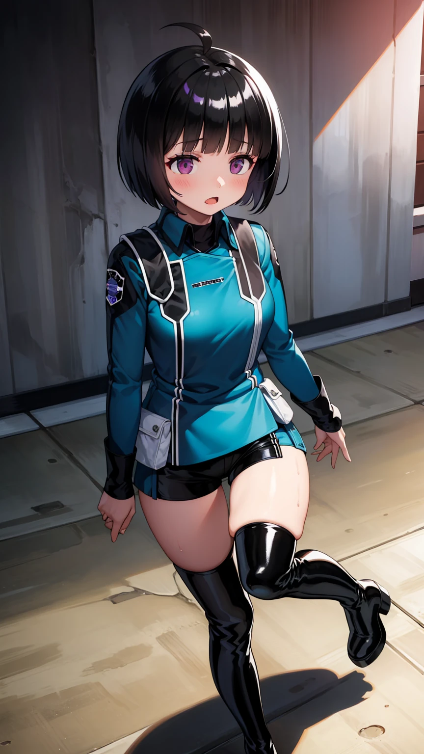 One Girl, alone, amateur_chika, short hair, Black Hair, Blunt bangs, Bobcut, Ahoge, Purple eyes, Long sleeve, Blue jacket, uniform, Black Shirt, turtleneck, Symbolism, Short black shorts, Black boots, carry a long rifle, Cowboy Shot、Thighs、Black thigh-high boots、（（（Black high heels）））whole body, face, high quality, masterpiece, 超High resolution, high quality, Attention to detail, 最high quality, High resolution、（Black high heels）（whole bodyエズビアン）Leg fetish、Absolute area、body、Looking at the audience, Cowboy Shot, (Sweat:0.9), I breathe, concentrated,Heavy breathing, Open your mouth ,  big 、（Leather thigh-high boots）(Shiny fabric:1.5), Full Body Shot, Purple Gemstone, Seductive pose, blush,