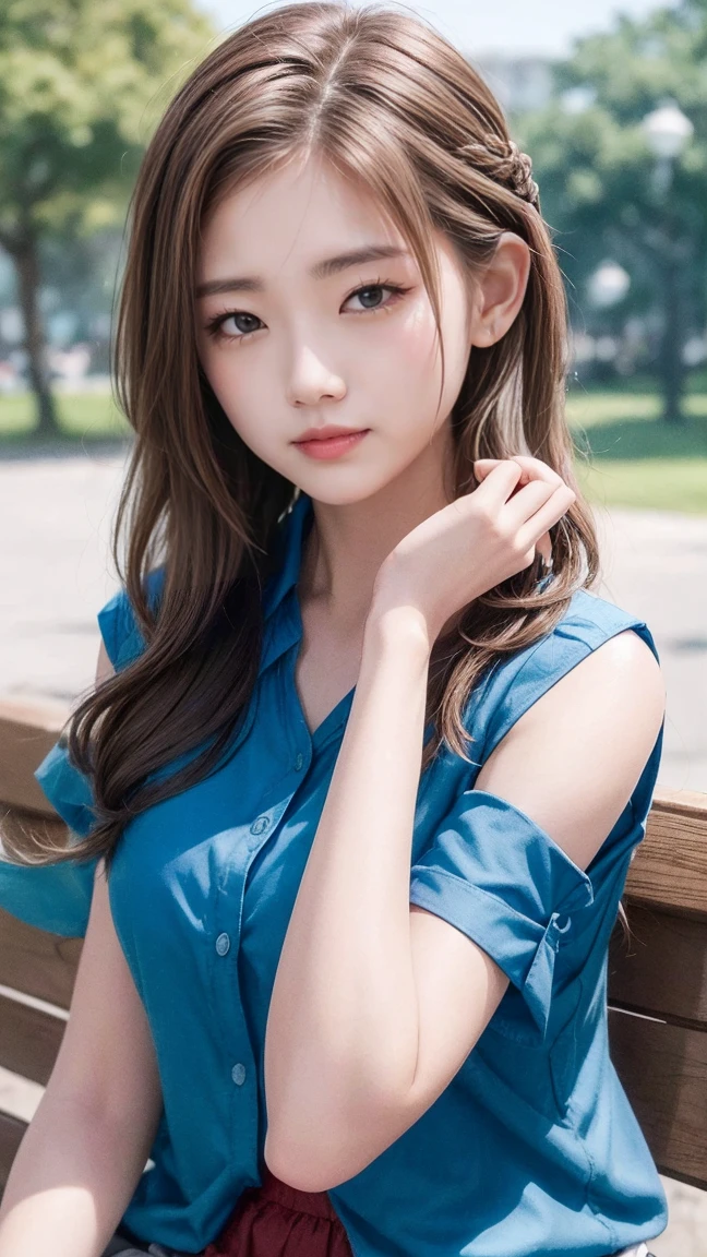 best quality, photorealistic, 8k, high res, full color, 1girl, woman, 20 years old woman, (closed mouth:1.73), (skindentation), (portrait:0.6), trees, park bench, daylight, ((park background:1.52)), full color, ((sleevelessblueshirt:1.58)), looking at viewer:1.8, (1girl eyes looking at viewer:1.55), (medium hair, brownhair, partedhair:1.45), (bokeh), 