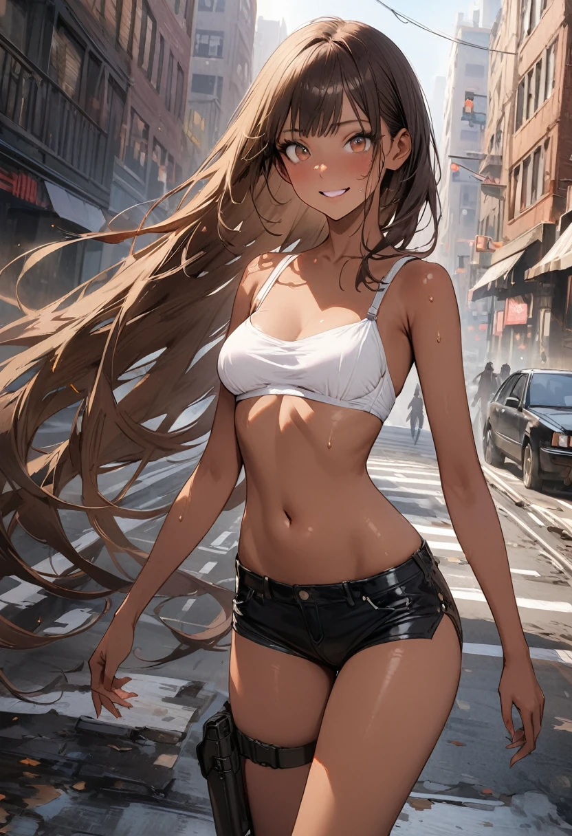 Dynamic gun action scenes、Woman shooting down zombieasterpiece,Highest quality:1.3,best quality illustration)),(realistic),cowboy shot,独奏,1woman,25 year old beauty,brown hair,long hair,bangs,brown eyes,(gorgeous big eyes),((very small head:1.3)),A strong smile,((very long body:1.2,skinny)),((tan skin:1.4)),medium breasts,White Bikini、navel,Black leather micro shorts、With leg holster,gleaming skin,slender body,sweat,standing,Collapsed Buildings、on street,New York City、Resident Evil World、