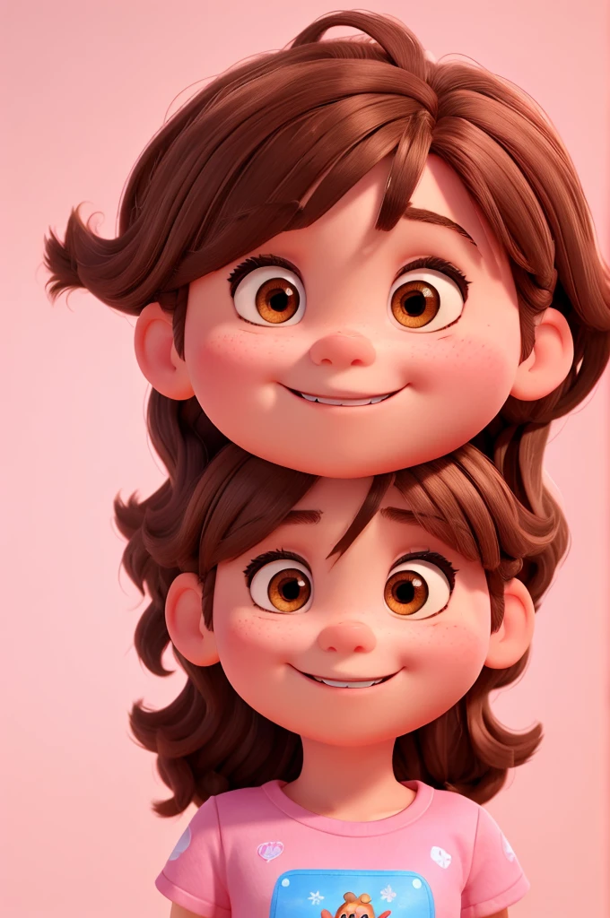 a 4 year old, with medium brown hair with bangs, medium cheeks,  eyes browns, Grinning, wearing a pink elsa t-shirt, Background transparent, Pixar-style, ....3d, Cartoon s, face detailed, asymmetric 16k
