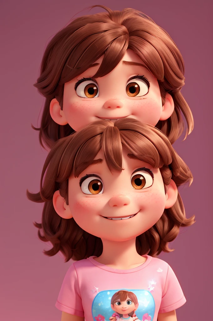 a 4 year old, with medium brown hair with bangs, medium cheeks, eyes browns, Grinning, wearing a pink elsa t-shirt, Background transparent, Pixar-style, ....3d, Cartoon s, face detailed, asymmetric 16k