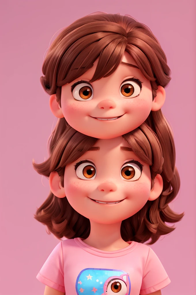 a 4 year old, with medium brown hair with bangs, medium cheeks,  eyes browns, Grinning, wearing a pink elsa t-shirt, Background transparent, Pixar-style, ....3d, Cartoon s, face detailed, asymmetric 16k