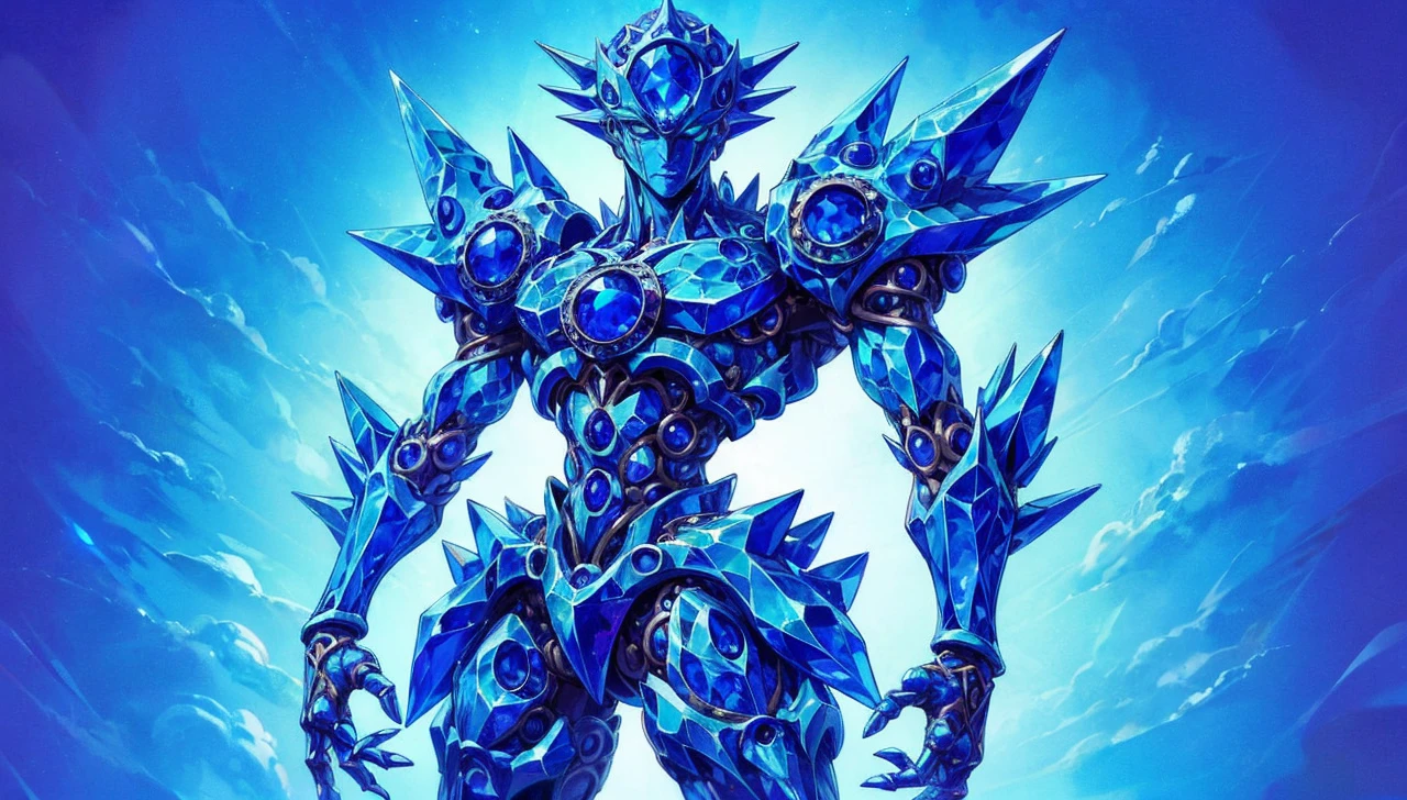 Blue Carbuncle in the style of JoJo's Bizarre Adventure anime: a humanoid figure, 2.10 meters tall, made of blue crystals and gems, with a large faceted blue gem as a head, intricate patterns instead of facial features, torso covered in articulated crystal plates resembling armor, limbs made of crystal segments, long sharp fingers, wide crystalline base for feet, a cape made of thin crystal sheets, and a larger, brighter blue gem at the chest center. In a house 