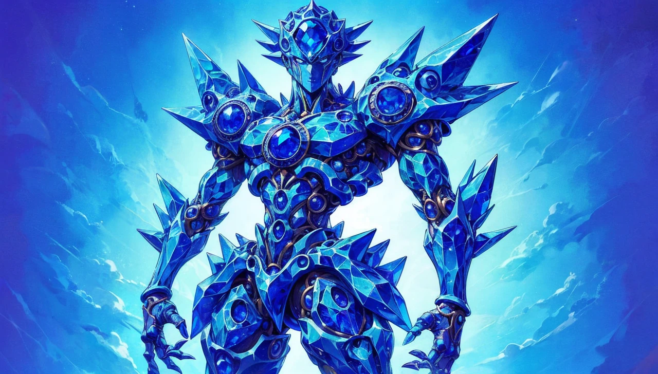 Blue Carbuncle in the style of JoJo's Bizarre Adventure anime: a humanoid figure, 2.10 meters tall, made of blue crystals and gems, with a large faceted blue gem as a head, intricate patterns instead of facial features, torso covered in articulated crystal plates resembling armor, limbs made of crystal segments, long sharp fingers, wide crystalline base for feet, a cape made of thin crystal sheets, and a larger, brighter blue gem at the chest center. In a house