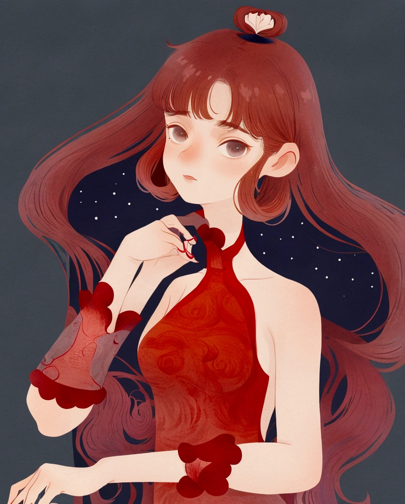Height: 158, I'm redhead, 小柄, shoulder length wavy hair with bangs, small ass, but I have an ass, I am thin, wearing a 小柄 red dress, White background , Hand drawn, a little sexy, very