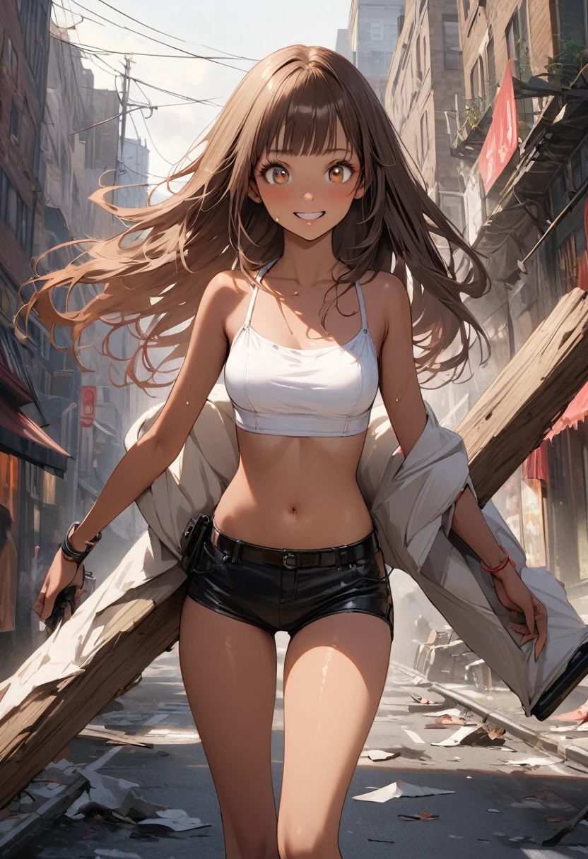 Dynamic gun action scenes、Woman shooting down zombieasterpiece,Highest quality:1.3,best quality illustration)),(realistic),cowboy shot,独奏,1woman,25 year old beauty,brown hair,long hair,bangs,brown eyes,(gorgeous big eyes),((very small head:1.3)),A strong smile,((very long body:1.2,skinny)),((tan skin:1.4)),medium breasts,White Bikini、navel,Black leather micro shorts、With leg holster,gleaming skin,slender body,sweat,standing,Collapsed Buildings、on street,New York City、Resident Evil World、