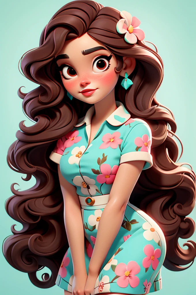 Lana Del Rey, flower dress, white background,, red lips,, pink pinup style, aqua black eyes, brown hair
