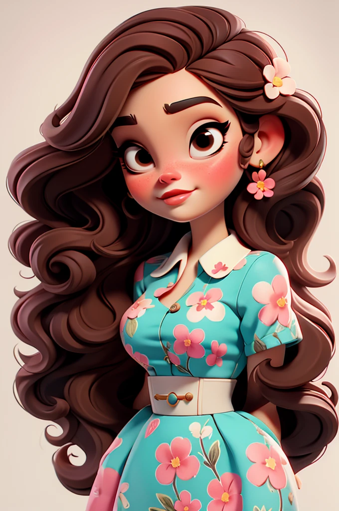 Lana Del Rey, flower dress, white background,, red lips,, pink pinup style, aqua black eyes, brown hair
