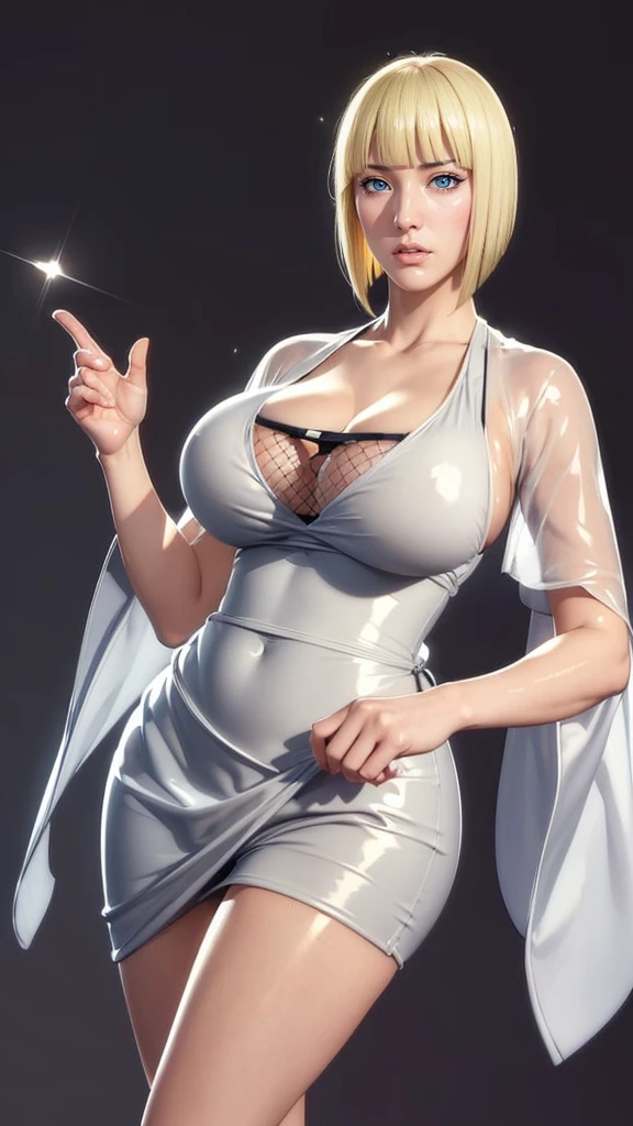 (（（Perfect body,White and tender skin,（（（BLACK KIMONO, CLEAVAGE, VAMBRACES,）））,（（（Samui, Blue eyes, blonde hair, short hair, bangs, blunt bangs,）））,((masterpiece)),high resolution, ((Best quality at best)),masterpiece,quality,Best quality,（（（ Exquisite facial features,Looking at the audience,There is light in the eyes,Poker face）））,Look up at the sky，From below）））,（（（Light and shadow,Huge breasts，Plump buttocks）））,（（（Looking at the camera,black background,)））),