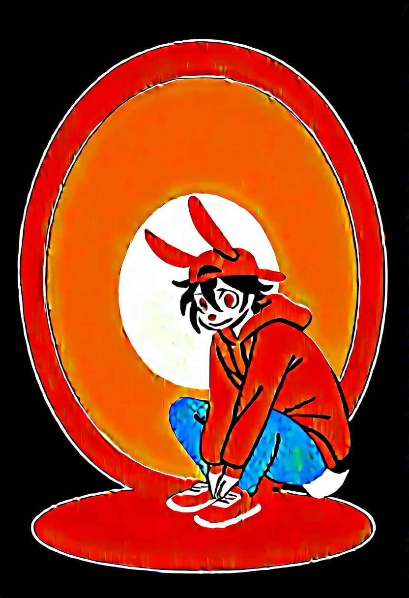 masterpiece, best quality, expressive eyes, perfect face, a man get transformed into a furry bunny, furry bunny, white fur, bunny tail, bunny ears, solo, surpriced, blushed, black hair, long hair, red baseball cap, black shirt, red hoodie, black sports pants, red sport shoes, brown eyes, full body, in a magic maze, glitter, embarrassed pose, magic circle on the floor.