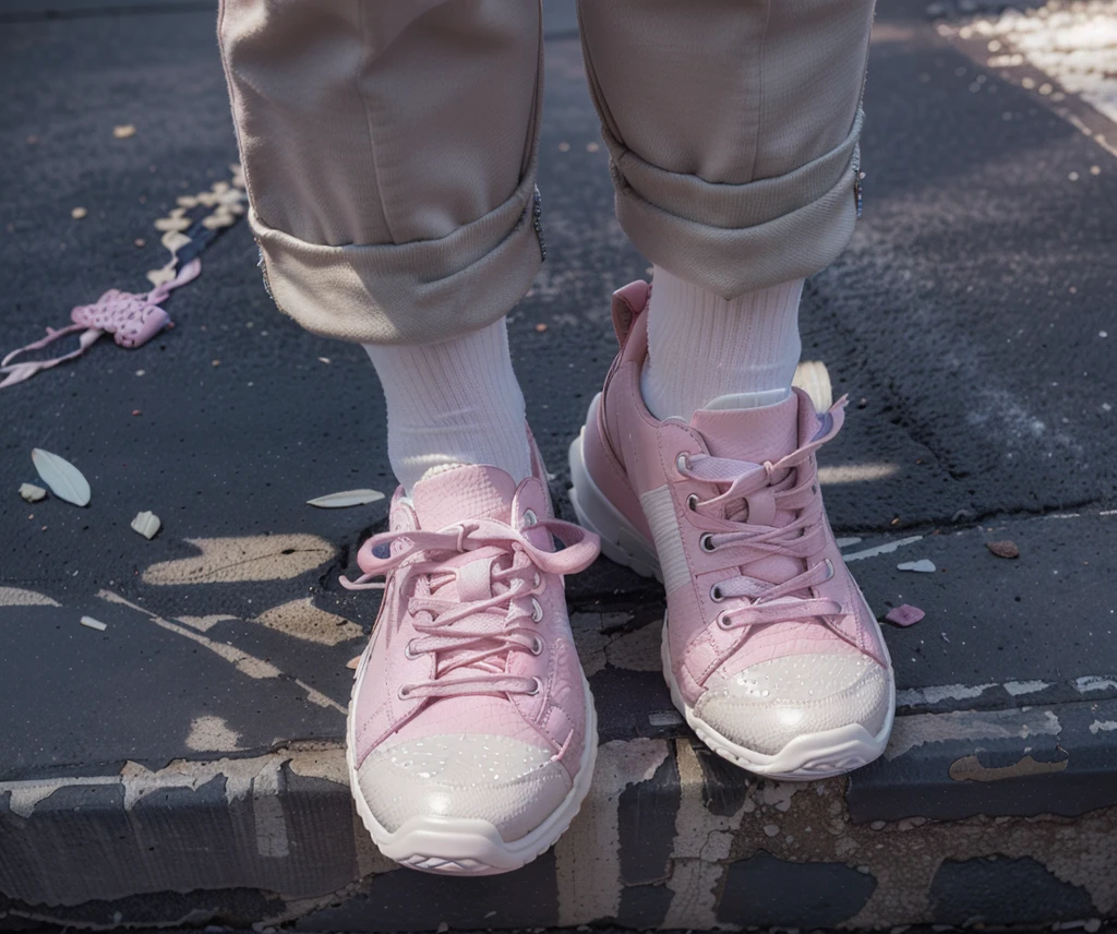((Highest quality,masterpiece,Extremely complex and exquisite details,Pink flannel texture thick-soled sneakers,White high-heeled shoes,white shoelaces,Consistent shoes,Correct anatomy)),starry sky galaxy background