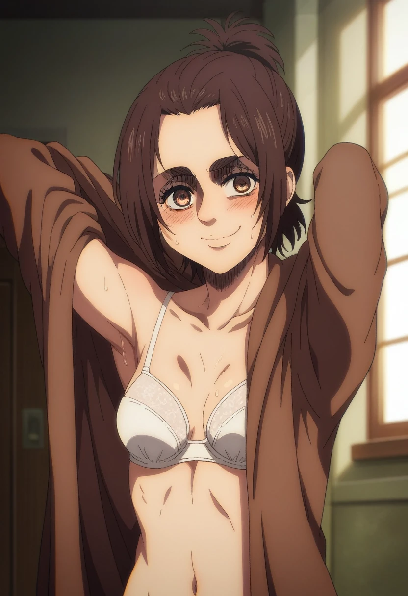 score_9, score_8_up, score_8, source_anime, shingeki_no_kyojin_s4_style, gabi braun, brown eyes, brown hair, single hair bun, , jacket, loafers,upper body, looking at viewer, smile, blush, seductive smile, navel, small breasts, legs, armpits, ??????????, looking at viewer, half eyes closed, crazy smile, standing, room, sweaty armpits, white bra,