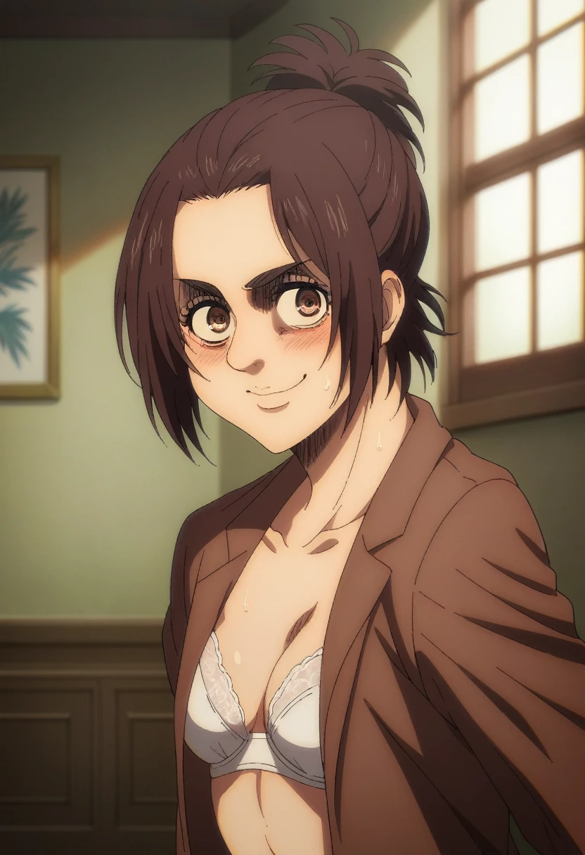 score_9, score_8_up, score_8, source_anime, shingeki_no_kyojin_s4_style, gabi braun, brown eyes, brown hair, single hair bun, , jacket, loafers,upper body, looking at viewer, smile, blush, seductive smile, navel, small breasts, legs,  armpits, undressing, looking at viewer, half eyes closed, crazy smile, standing, room, sweaty armpits, white bra,