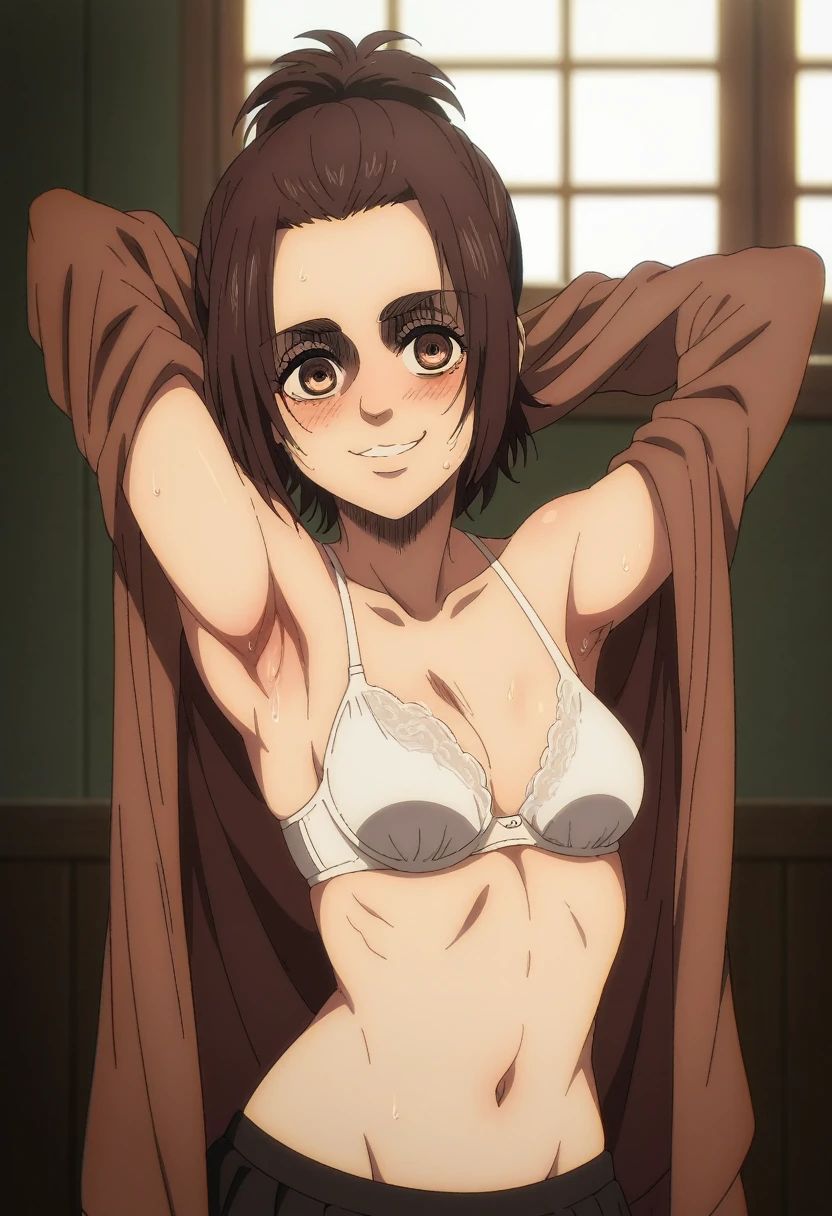 score_9, score_8_up, score_8, source_anime, shingeki_no_kyojin_s4_style, gabi braun, brown eyes, brown hair, single hair bun, , jacket, loafers,upper body, looking at viewer, smile, blush, seductive smile, navel, small breasts, legs,  armpits, undressing, looking at viewer, half eyes closed, crazy smile, standing, room, sweaty armpits, white bra,