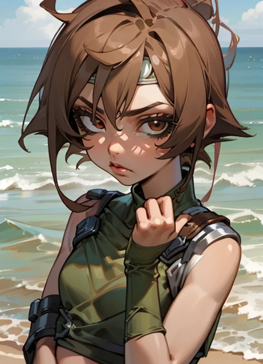 Yuffie_Kisaragi_01 Girls, Brown eyes, Short hair, head band, Brown hair, sleeveless turtleneck, croptop, Beach, enraptured, Parted lips,(((facefocus))),Close Up Shot,Looking at Viewer,Slouched,((Hands behind the body)),frontage