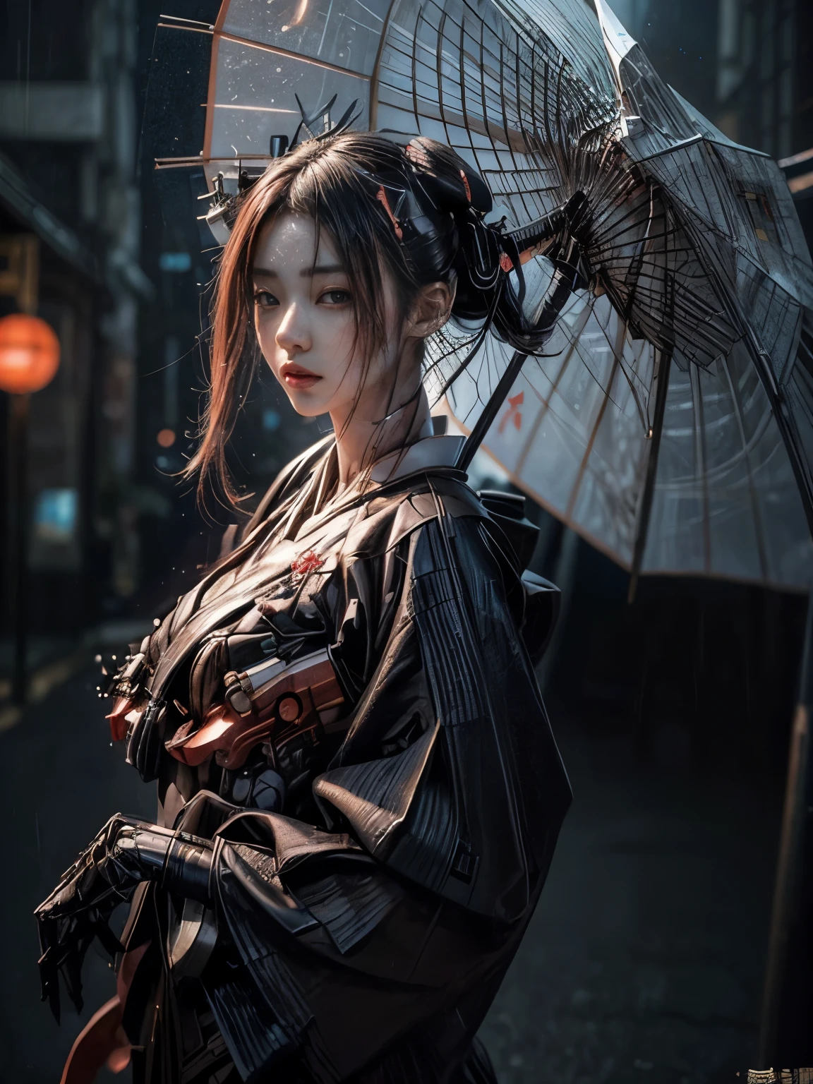 Science fiction, realistic photo, full body, 1 mechanical girl, mechanical parts, mechanical face, Very detailed face, mechanical eye, Some of the elements of the skin are mechanical., cyber, puppet, geisha androide, wearing traditional Japanese clothing and an umbrella, elegant mix of japanese woman and mechanical robot, japanese geisha androide, traditional geisha clothing, geisha mechanical beauty, geisha hairstyle, Portrait of a mechanical geisha., mechanical parts, mechanical face, mechanical hands, visible mechanical element (mechanical body,mechanical arms :1.4), face close-up shot depth of field, film grain, raw photo