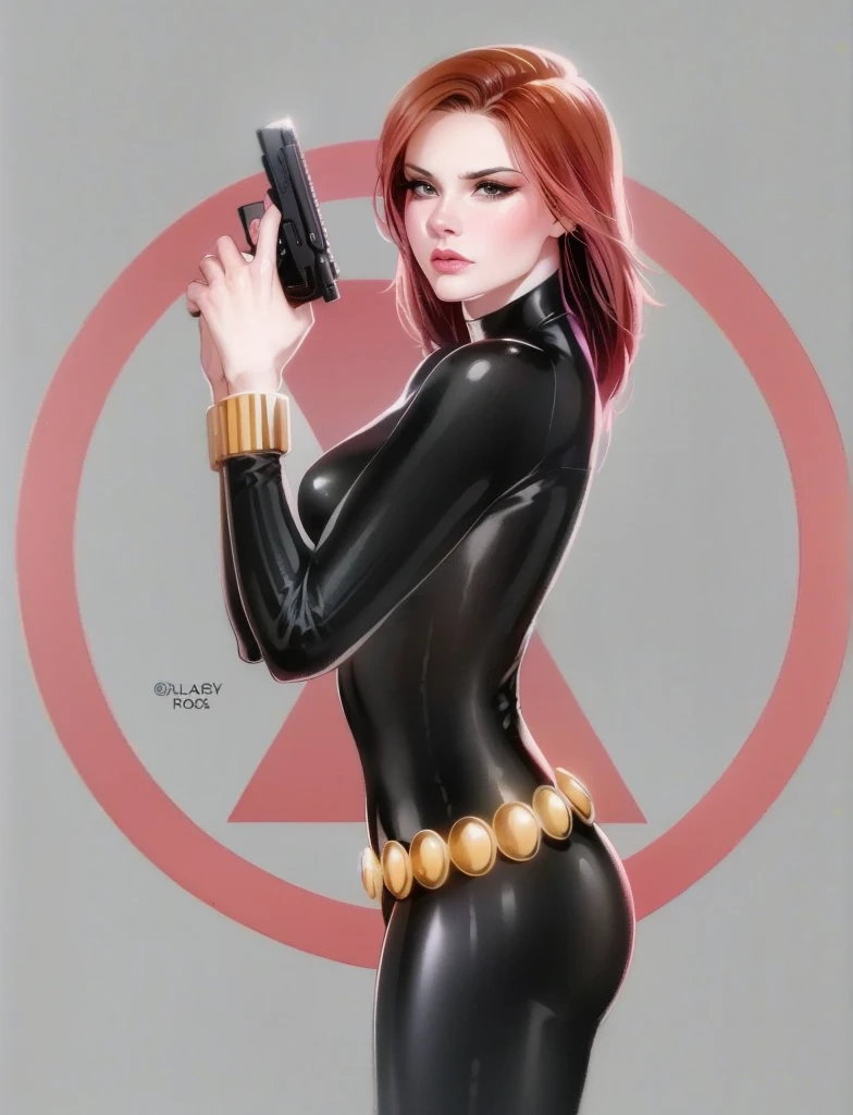 Black Widow, from the Marvel Comics universe. She is showcased in a sleek skin-tight shiny black latex bodysuit, a belt made of golden circles, and golden wrist guards. In her right hand, she is holding a gun. The ambiance divulges power, strength, and an impressive aura radiated by Black Widow.