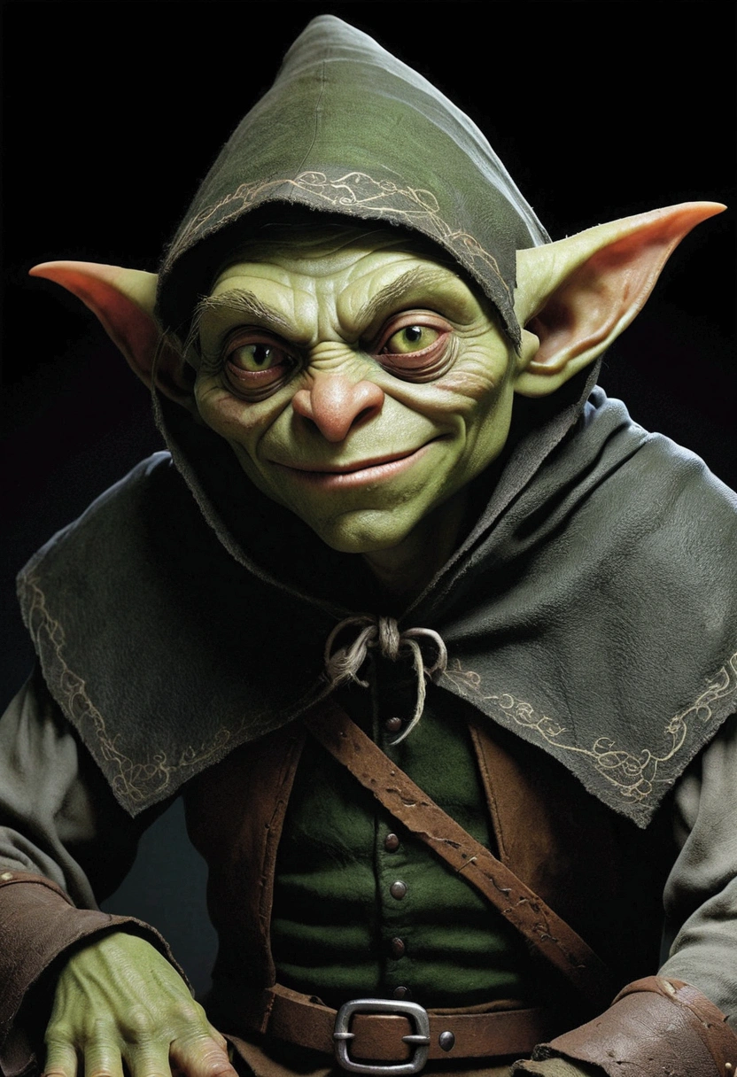 a smooth muddy greyish green-skinned, sharp-toothed visible sharp tooth, roguish dressed, (roguish clothes, medieval clothes) with a black hood-up goblin sits in the shadows. The details of the goblin's black hood are visible, showing its worn nature. the clothes are worn and grey black coloured. The green skin of the goblin is muted greyish, emphasizing its worn appearance. the goblin is young, about 20 years old, has visible sharp teeth with a gring, the skin is muted green, (nice face, normal green nose, face of a magic adept, goblin face). The lighting in the scene is dim, with a subtle glow casting eerie shadows on the goblin's face and surroundings. The overall image quality is of the highest standard, with ultra-detailed textures and a photorealistic rendering. The artwork is depicted in a medium that best showcases its unique style and texture, whether it be an illustration, oil painting, 3D rendering, or photography. The color palette is dominated by earthy tones, with a focus on various shades of green to complement the goblin's appearance.