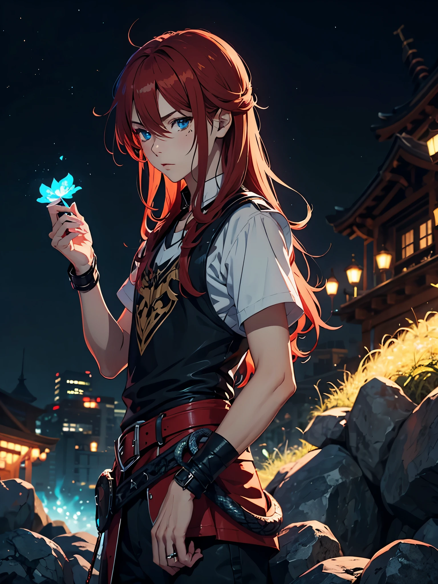 With snake. With mohnblume. More anime. 2d. Glow. Red hair. More anime. male. Long hair. long red hair. boy, vikings. red hair. blue eyes. 火.