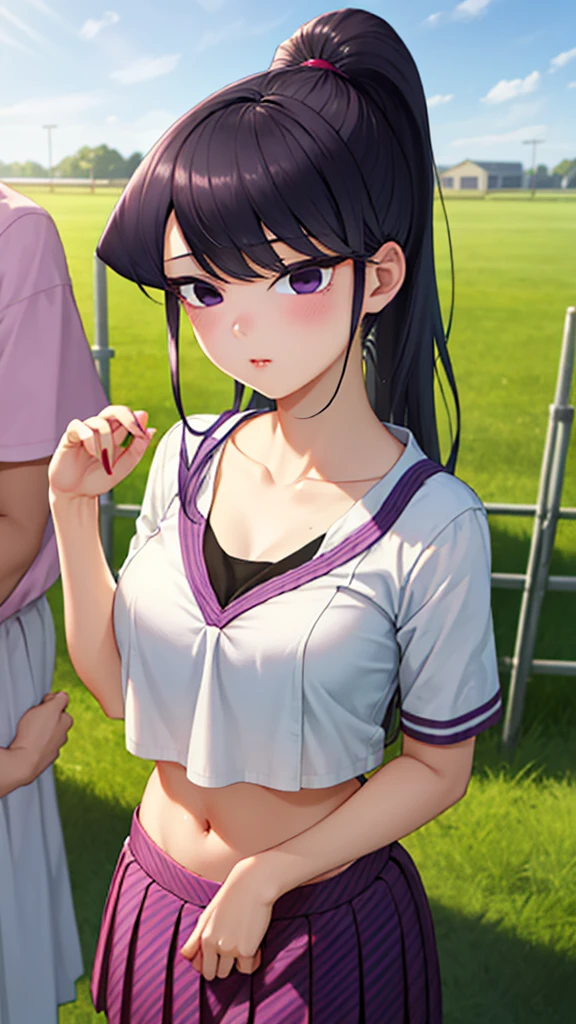 komishouko, 1girl, natural lighting, masterpiece, highly detailed, illustration, game CG, absurdres, high quality, purple eyes, beautiful detailed eyes, purple hair, long hair, ponytail, bangs, glossy lips, collarbone, cheerleader, midriff, school field