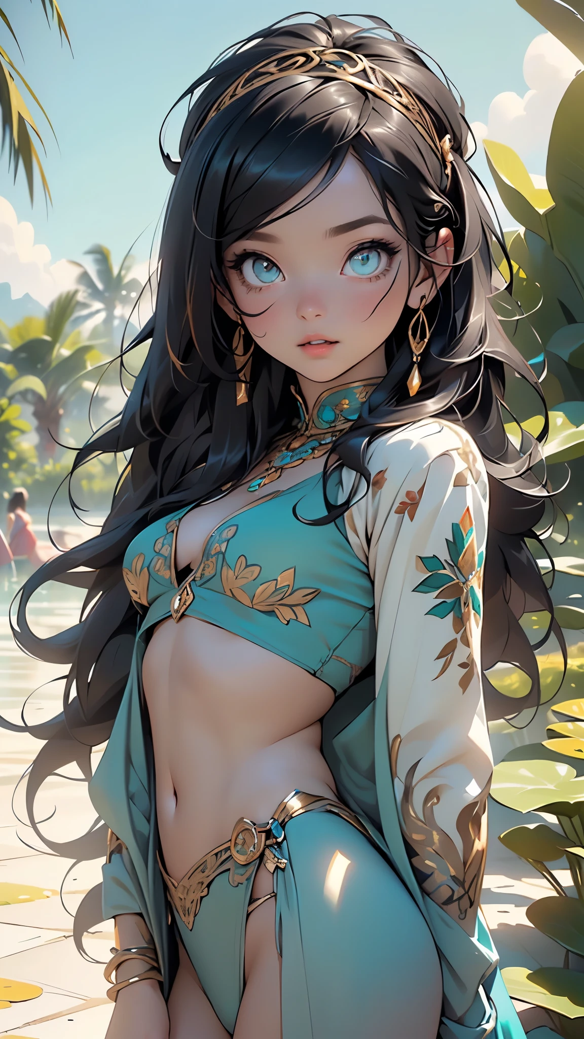 cute ,(((little ,tiny little body,little,chibi))),(((6 ))),((anime with extremely cute and beautiful black hair)),((((indian girl)))),(((flat chest))),((((black hair:1.35,messy hair,colored inner hair,absurdly long unkempt hair,dark hair,black hair,very long hair,voluminous hair,Thick hair,Dense hair,long hair)))),(((turquoise_eyes:1.3))),intricate eyes,beautiful detailed eyes,symmetrical eyes,big eyes:1.5,(((lustrous skin:1.5,bright skin: 1.5,skin tanned,shiny skin,very shiny skin,shiny body,plastic glitter skin,exaggerated shiny skin,illuminated skin))),(detailed body,(detailed face)),
cute,slutty,erotic,daring,(nsfw),
revealing clothing,show skin,(((modern princess,turquoise diadem,Sexy turquoise arabian bikini, turquoise arabian outfit, wearing a turquoise arabian outfit:1.3,turquoise arabian clothes,navel))), ((arabian loincloth,arabian thong)),(arabian clothes,semi-naked,with little blue clothing),(arabian jewelry,intricate necklace),(((intricate outfit,intricate clothes,embroidered outfit,ornate outfit))),
(dynamic pose:1.0),embarrassed,(centered,scale to fit dimensions,Rule of thirds),
outdoors,(oasis,oasis background),extremely scenery,clouds,Arabian style,lily pads,palms,reeds,(sunset, golden hour),scenery:1.25,((intricate scenery)),
(Glossy winter ornaments),highres,sharp focus,(ultra detailed,extremely detailed),(photorealistic artwork:1.37),(extremely detailed CG unity 8k wallpaper),(((vibrant colors,vibrant theme))),(intricate),(masterpiece),(best quality),artistic photography,(photography taken by sldr),(intricate background),perfect rendered face,perfect face details,realistic face,photo realistic,((intricate detail)),(((realism))),
