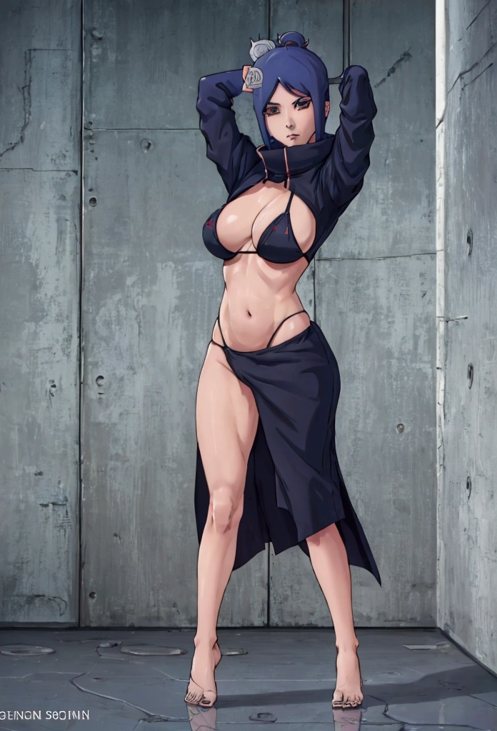 score_9, score_8_up, score_7_up, score_6_up, rating_safe, Konan/Naruto, 1girl, solo, hot girl, sexy girl, blue hair, hair ornament, hair bun, single hair bun, amber eyes, expressionless, big , nice thighs, nice ass, looking at viewer, standing, black bikini, arms behind head