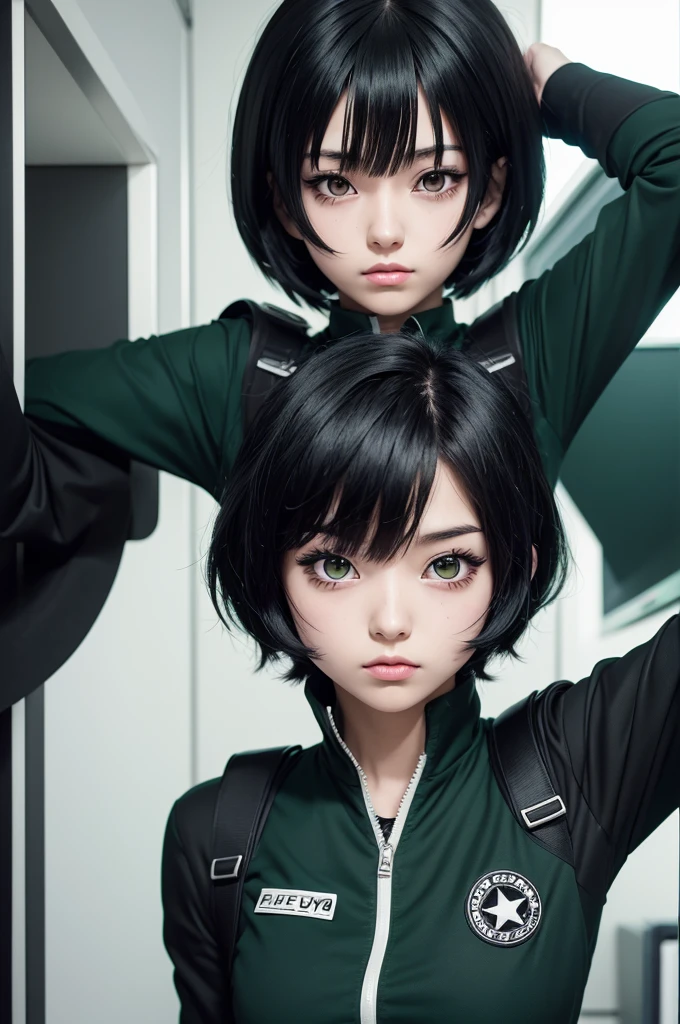 Anime comic book style character Boku no hero Black hair with dark green bangs ,black and white eyes , with U uniform.a