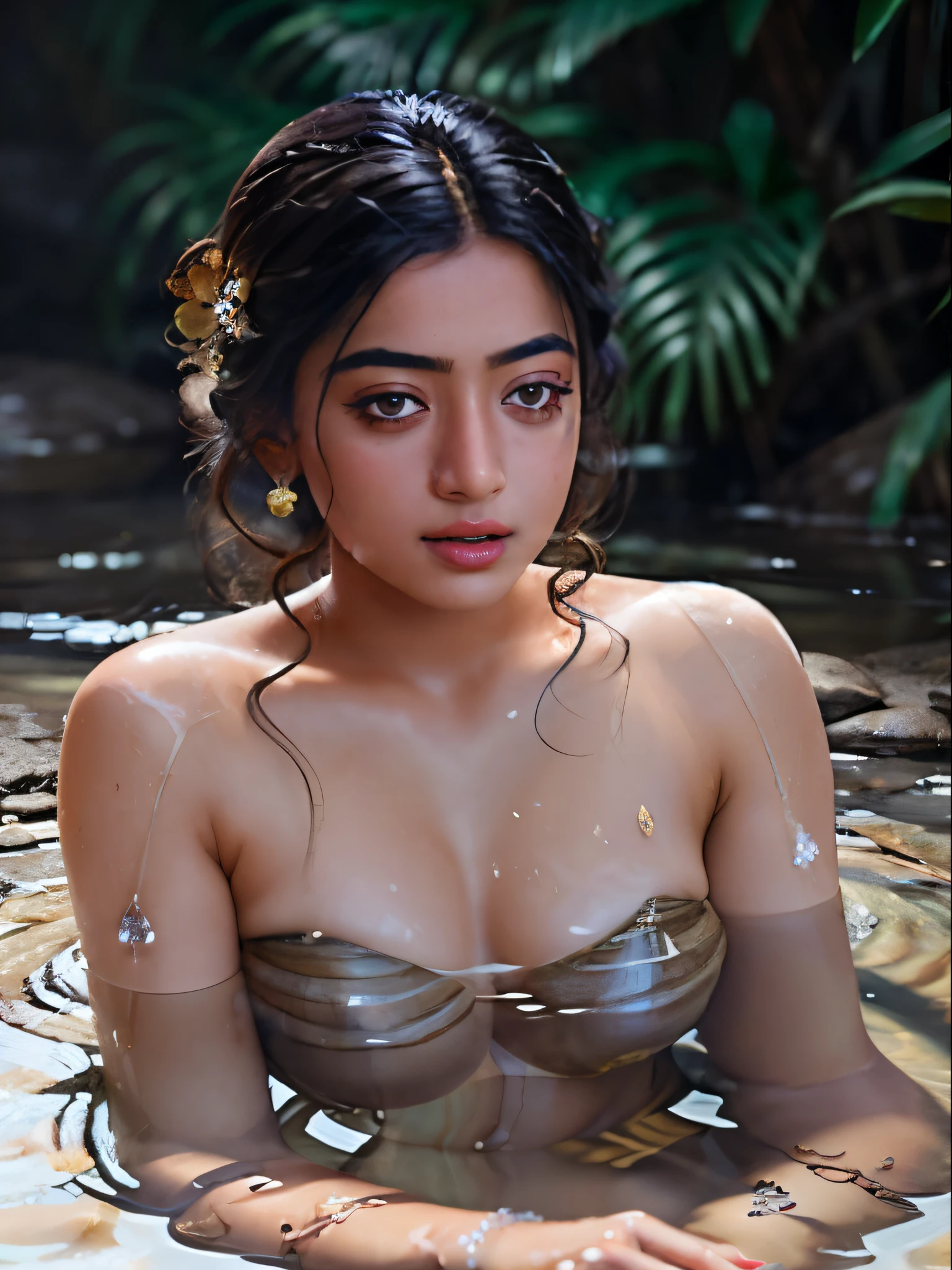 Close up portrait of a cute woman (Rashmika) bathing naked in a crystal clear river, reeds, (backlighting), realistic, masterpiece, highest quality, lens flare, shade, bloom, [[chromatic aberration]], by Jeremy Lipking, by Antonio J. Manzanedo, digital painting,