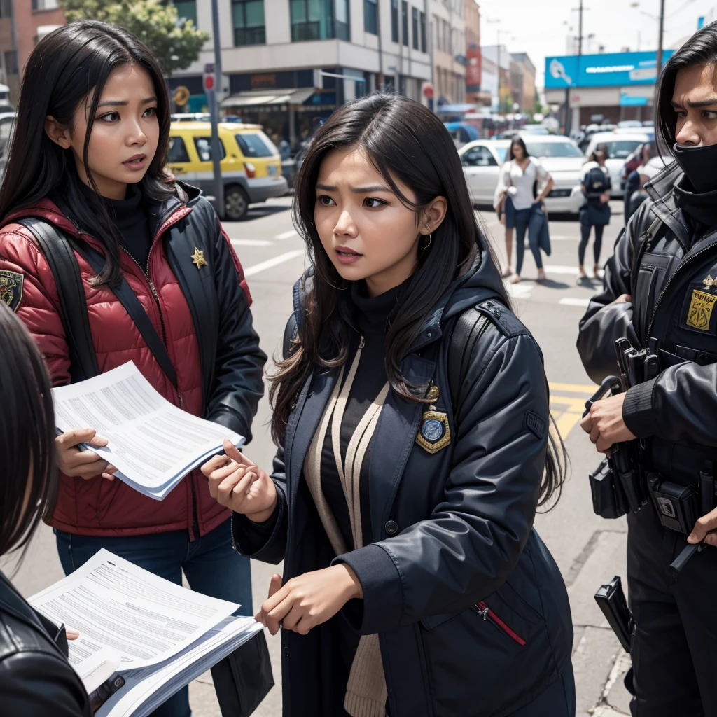 Pretry woman giving news worried about the crime asking people the help