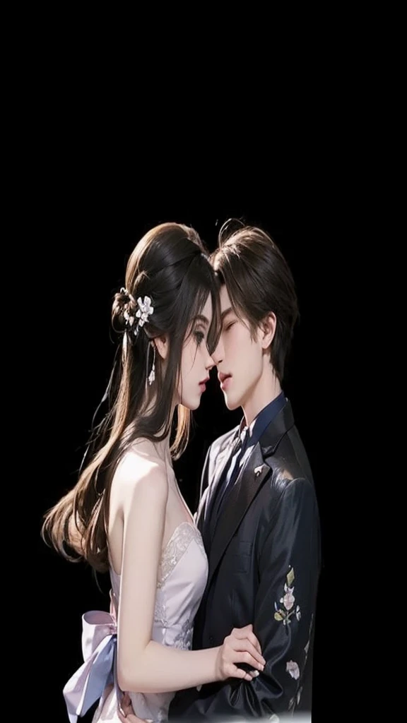 A couple lying in the flowers,Handsome guy hugs beautiful girl from behind,Wearing a dress,Boys in suits,Perfect face perfect hands,Sweet atmosphere,bust