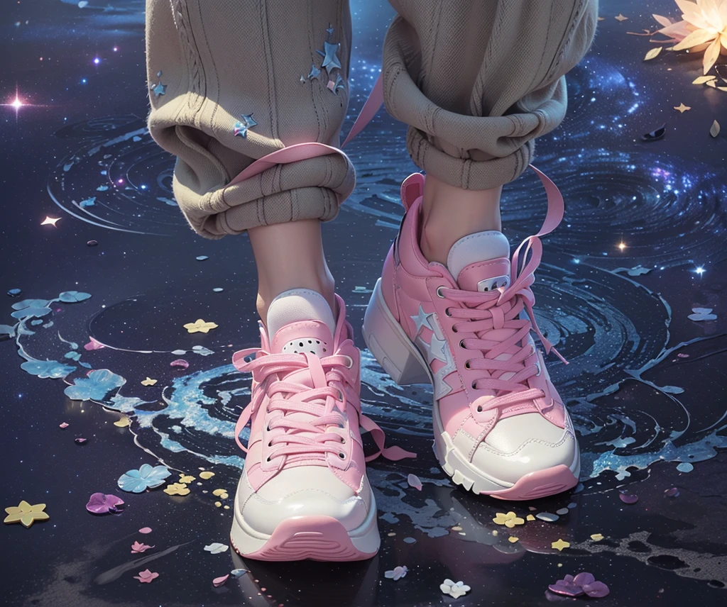 ((Highest quality,masterpiece,Extremely complex and exquisite details,Pink flannel texture thick-soled sneakers,White high-heeled shoes,white shoelaces,Consistent shoes,Correct anatomy)),starry sky galaxy background