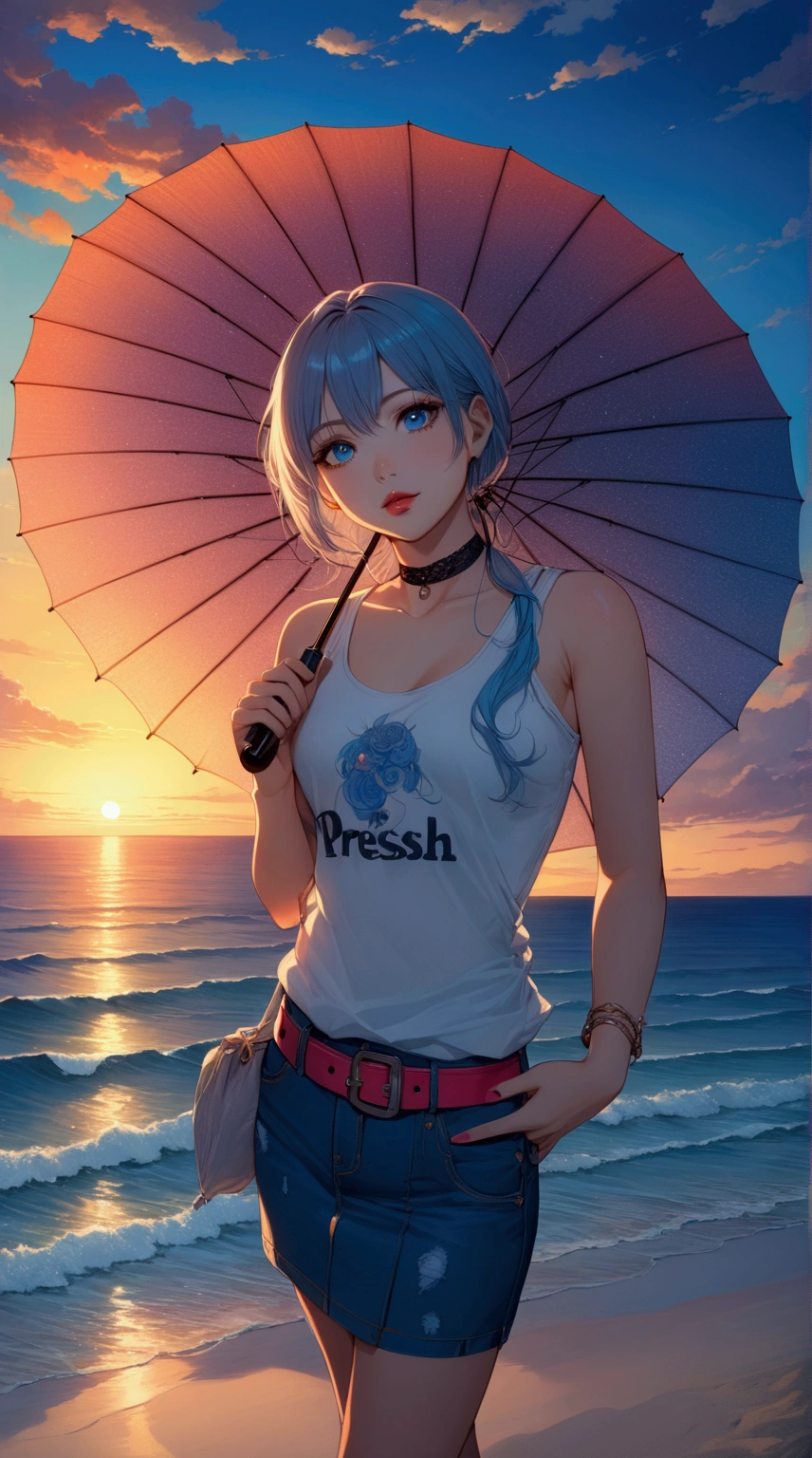 a young beautiful woman holding an umbrella at the sunset beach, she wearing choker, white tanktop and prussian-blue denim mini skirt with denim belt, BREAK, anime style, beautiful detailed eyes, beautiful detailed lips, extremely detailed face, longeyelashes, 1girl, solo, full body, vivid colors, (masterpiece, best quality)