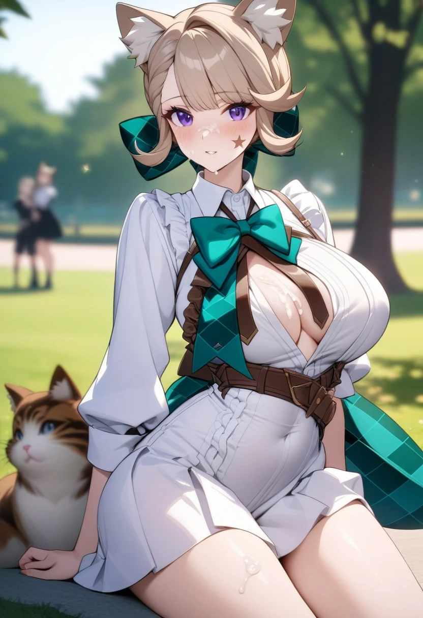 masterpiece, best quality, very aesthetic, absurdres, 1girl, mature_lady,white_dress,(cum_on_body:1.2),,Lynette, animal ear fluff, Animal ears, Cat ears, facial mark, Hair Bow, Purple_eyes, Brown hair, Star, Star on cheek,,in park,blur background,background defocus,