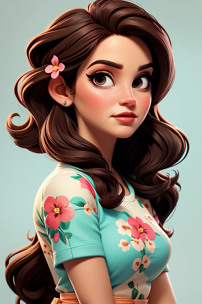 Lana Del Rey, flower dress, white background,, red lips,, pink pinup style, aqua black eyes, brown hair