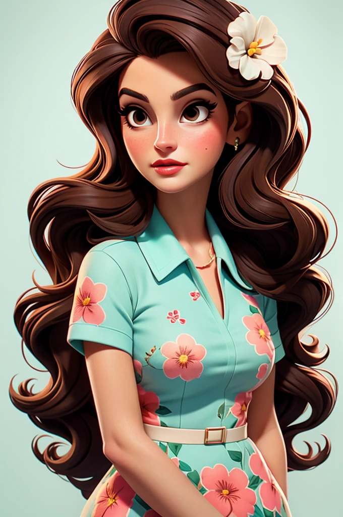 Lana Del Rey, flower dress, white background,, red lips,, pink pinup style, aqua black eyes, brown hair