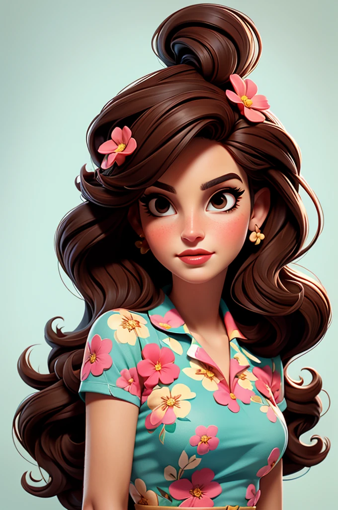 Lana Del Rey, flower dress, white background,, red lips,, pink pinup style, aqua black eyes, brown hair
