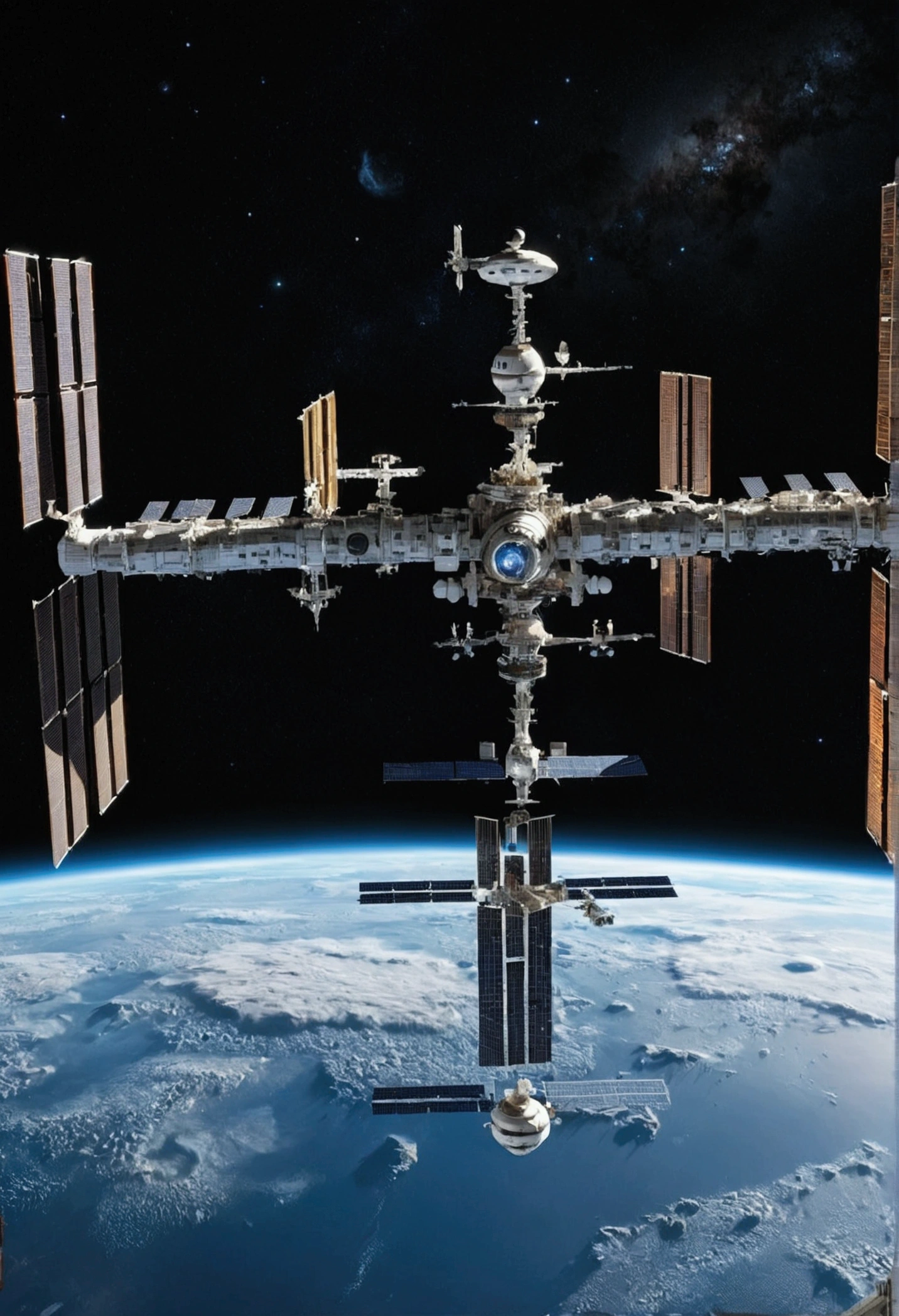 Huge space station orbiting planet, view from afar