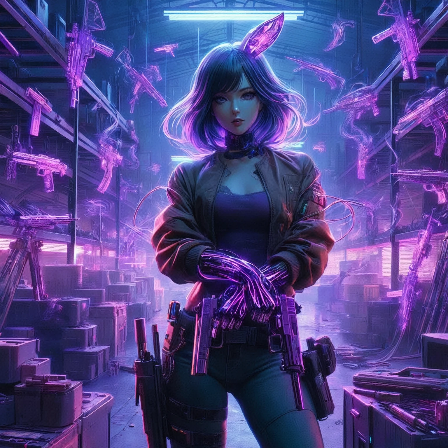a woman standing in a warehouse with guns and a purple light, purple shadows hollow surrounding her , weapons that are made out of purple shadow swirling in the air, more weapons made out of black and purple shadows are floating around her, cyberpunk vibes, muted cyberpunk style, cyberpunk art style, hyper-realistic cyberpunk style, cyberpunk vibe, in cyberpunk style, cyberpunk with neon lighting, aesthetic cyberpunk, like a cyberpunk workshop, cyberpunk style, in cyberpunk aesthetic, in a cyberpunk setting, cyberpunk artstyle, cyberpunk look, (nude:0.8), advanced digital cyberpunk art, detailed gorgeous face| anime style| key visual| intricate detail| highly detailed| breathtaking| vibrant| panoramic| cinematic| Carne Griffiths| Conrad Roset| gibbli 8k