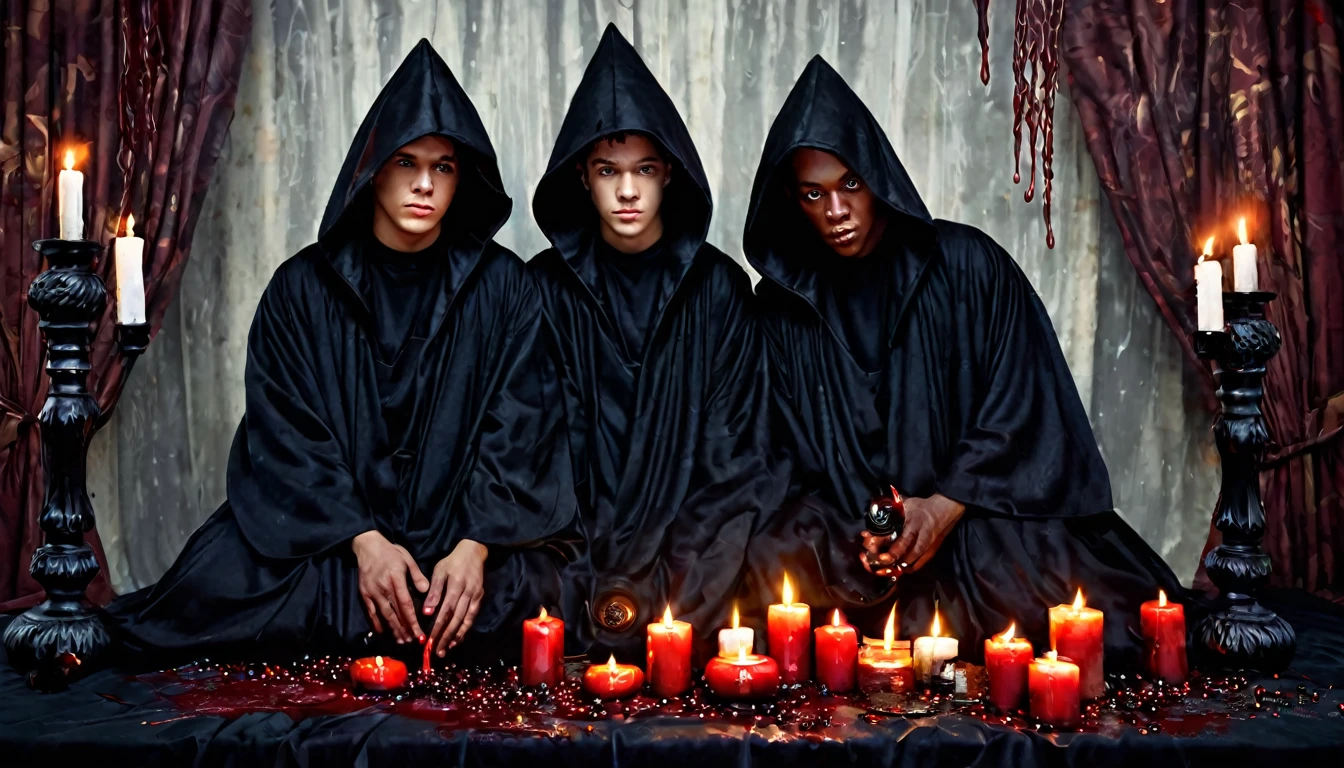 three 20 year old MEN in black robes, Blood, candles, voodoo, clear and ultra realistic image