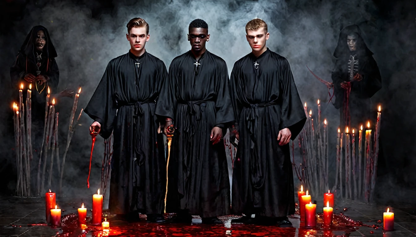 three 20 year old MEN in black , Blood, candles, voodoo, clear and ultra realistic image