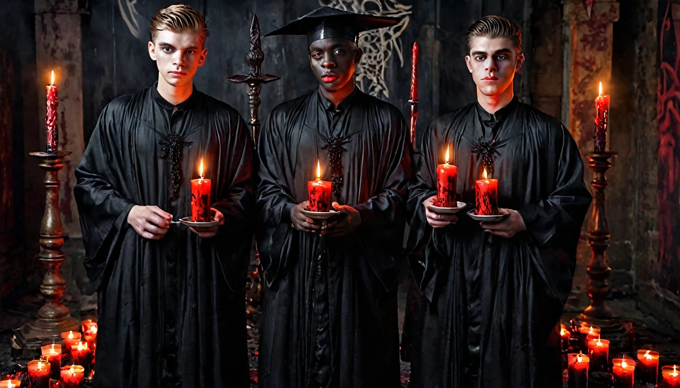 three 20 year old MEN in black robes, Blood, candles, voodoo, clear and ultra realistic image 