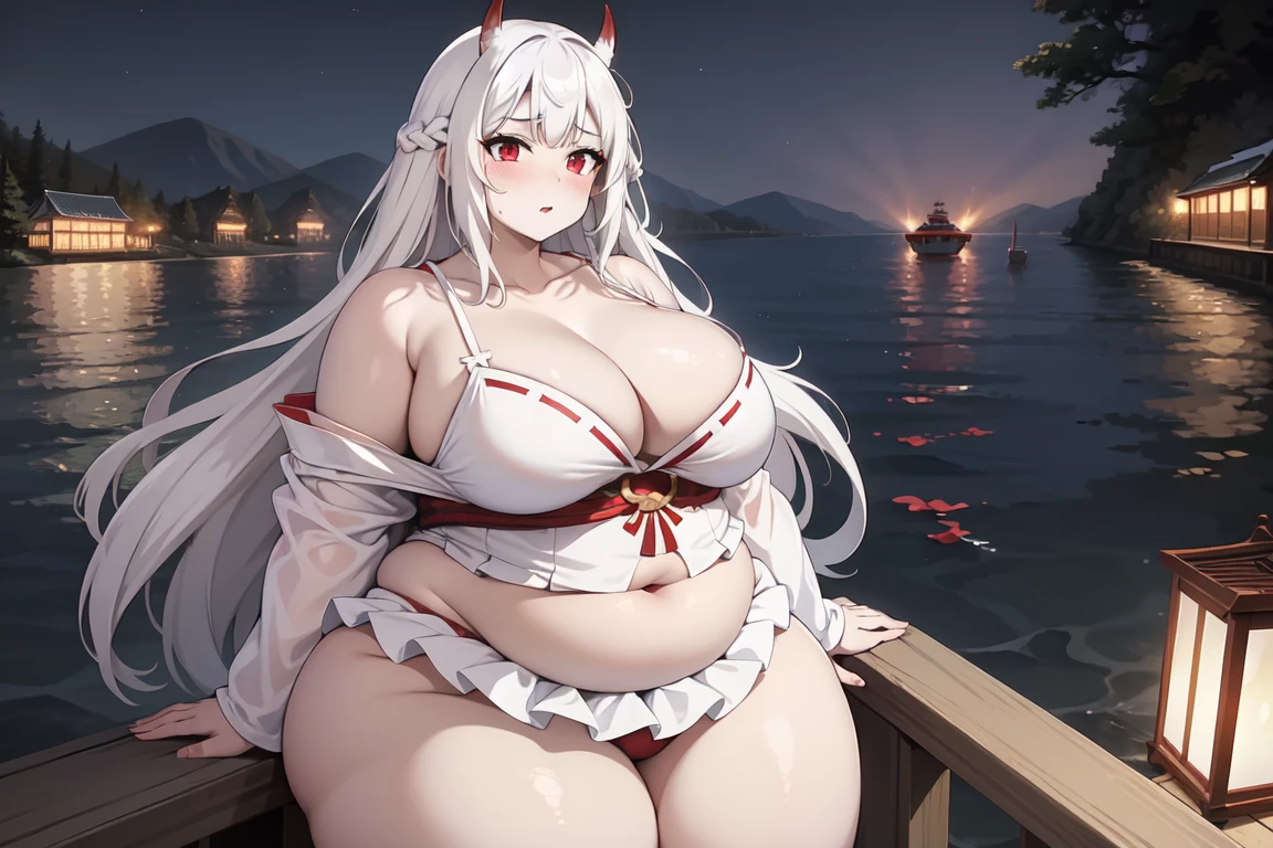 1girl, white hairs, red eyes, skimpy white-red kimono, long hair, massive breasts, mature, lake, night, cleavage, Oni, armored skirt, oni horns