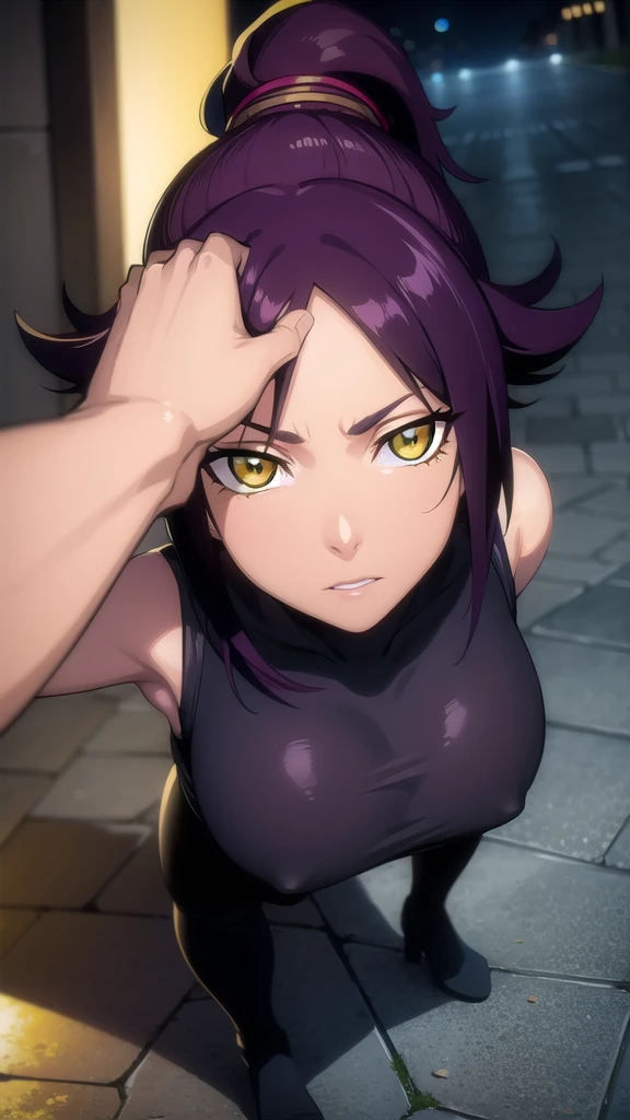 BREAK looking at viewer,BREAK (masterpiece:1.2), best quality, high resolution, unity 8k wallpaper, (illustration:0.8), (beautiful detailed eyes:1.6), extremely detailed face, perfect lighting, extremely detailed CG, (perfect hands, perfect anatomy),yoruichi shihouin, long hair, (yellow eyes:1.5),city,in street,night,lights,wet road,reflections,ponytail, purple hair, dark skin, dark-skinned female,
bodysuit, black bodysuit, bodysuit under clothes,sleeveless,full body,from above,bend over.