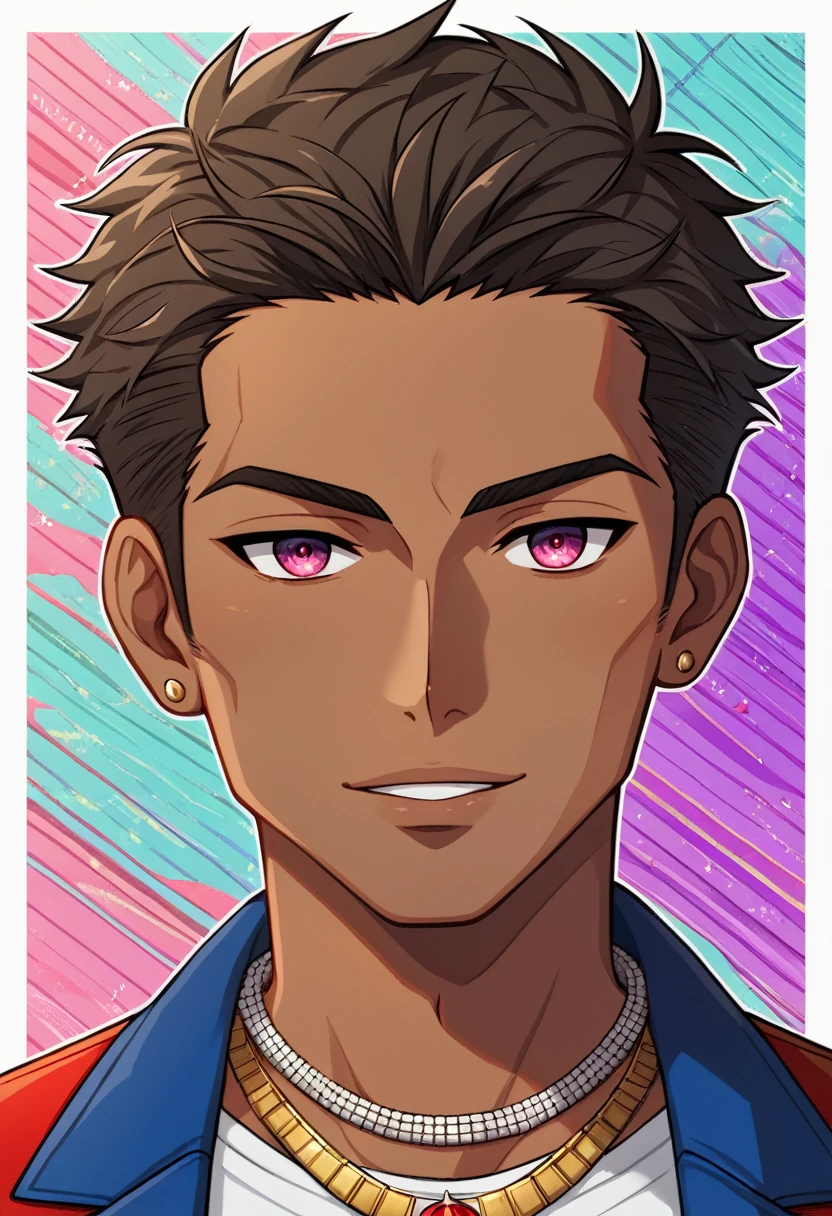 (best quality:1.1),original, 1man, A handsome man with dark skin, African American man with natural hair, magenta eyes, dressed in blue urban clothes(fancy jacket, designer shirt and goldem necklace), cartoon, faded haircut, masculine braids, anime illustrations, style is abstract beauty, Sundaratang, mixed patterns, close-ups, charming character illustrations, folklore --ar 2:3 --v 6