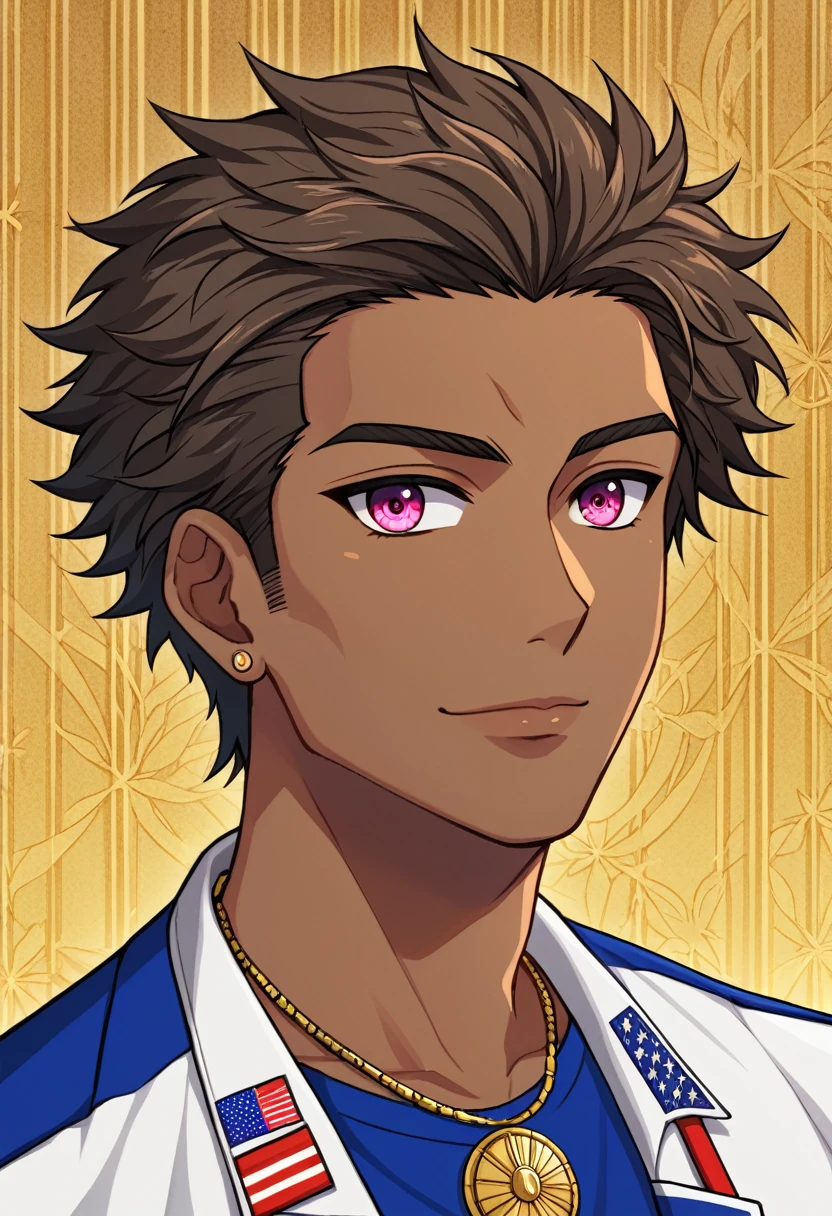 (best quality:1.1),original, 1man, A handsome man with dark skin, African American man with natural hair, magenta eyes, dressed in blue urban clothes(fancy jacket, designer shirt and goldem necklace), cartoon, faded haircut, masculine braids, anime illustrations, style is abstract beauty, Sundaratang, mixed patterns, close-ups, charming character illustrations, folklore --ar 2:3 --v 6