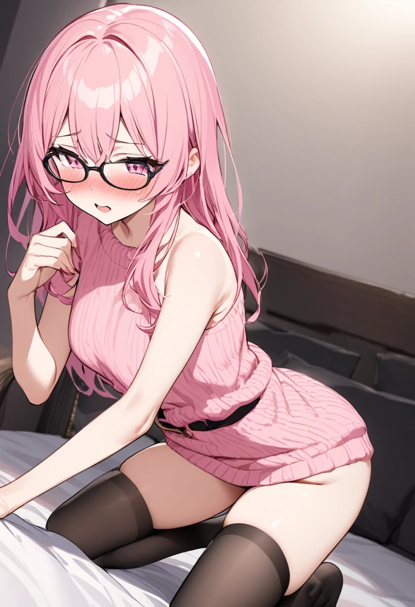 (Inflated belly:1.0)Nipples, naked, nude chest, (Flat chest:1.1), very small , solo, 1girl, glasses, long fluffy pink hair, skinny, braless, shirtless , pink fluffy sweatpants, slight smile, pajamas,, pajama pants, half lid eyes, seductive