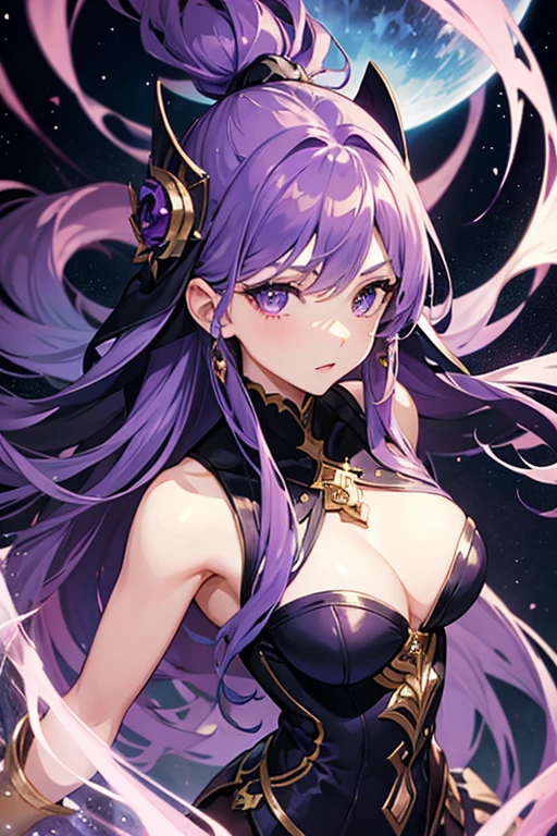 (masterpiece), (perfect hands), best quality, expressive eyes, perfect face, woman with long purple hair in purple sexy wizard outfit, dynamic pose, magical pose, centered