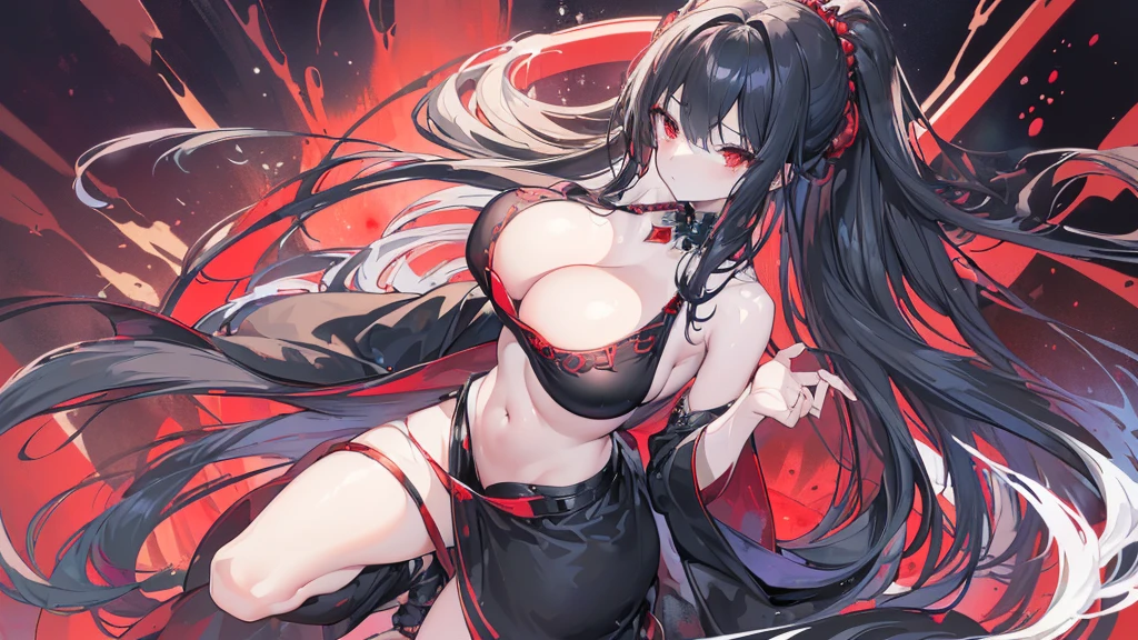 (Exquisite eyes),(Clear and beautiful eyes:1.61),masterpiece, ung girl,(Black clothes and some red gems), Black long hair, (She has a huge red gem on her chest), Good Hand,((The Havoc of StarCraft)),full-body shot,Fighting Stance,(Red Eyes:1.466),short and small,(Very big breasts:1.35),(Pretty Face),(full-body shot:1.33),Beautiful hands